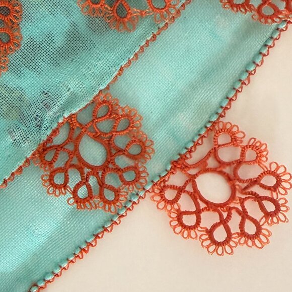 Collectable Traditional Vintage Turkish 40s-50s Oya Scarf Blue & Peach - Picture 5 of 6